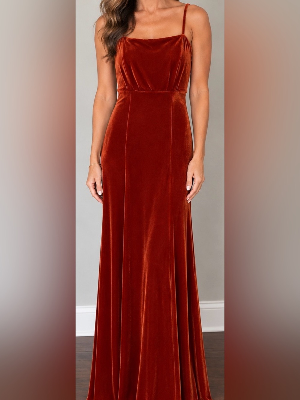 Velvet Spaghetti-Strap Formal / Bridesmaid Dress in Rust - Stunning Fall Dress